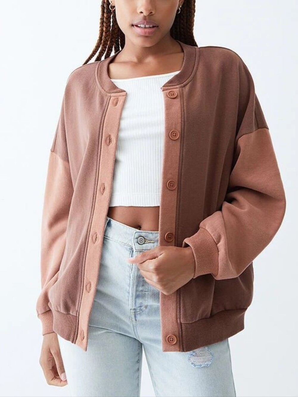 Pacsun Brown Teddy Color Block Button Front Fleece Cardigan Sweatshirt